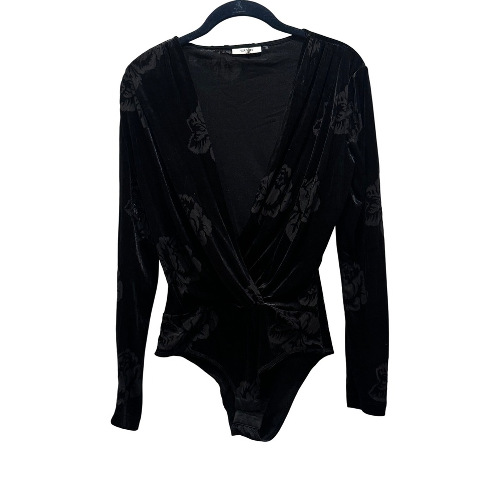 GANNI Black Velvet Sexy Dark Floral Plunge Long Sleeve Bodysuit Size 36‎ M US 6